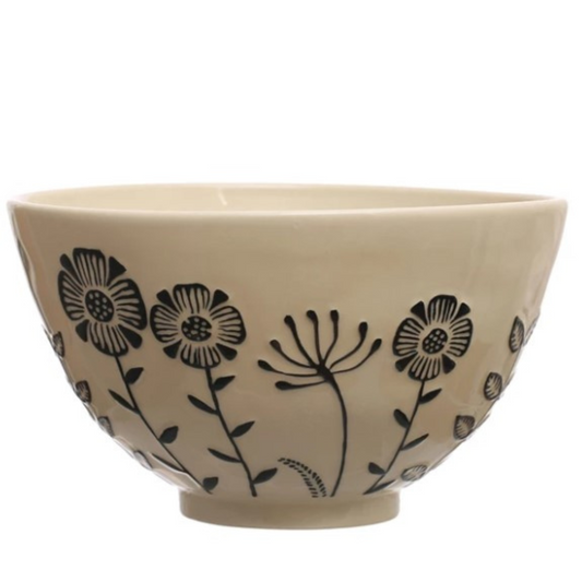 Hand-Painted Floral Stoneware Serving Bowl
